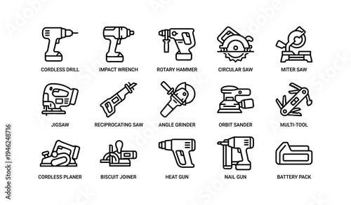 Set of iconic power tools: drill, saw, sander, and more