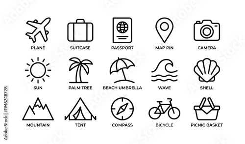 Travel icons: airplane, suitcase, passport, map pin, camera, sun, palm tree, umbrella, wave, shell