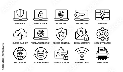 Icons of cybersecurity: antivirus, encryption, firewall, and data protection services