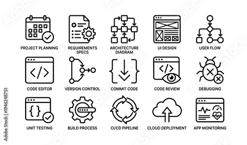 Software development icons: planning, deployment, testing, design, debugging