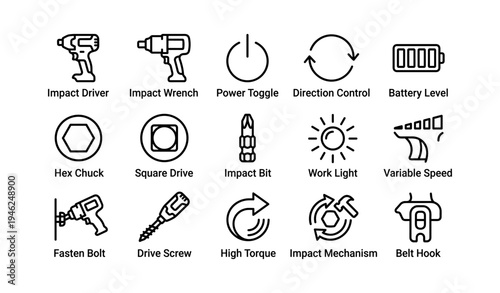 Power tool icons: impact driver, drill, torque, direction, battery