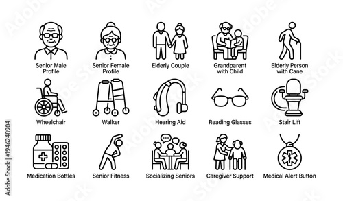 Senior living essentials icons of elderly care and support for inclusive communities