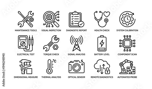Diagnostic icons: tools, reports, health check, calibration, sensors, robotics