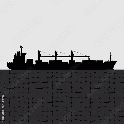 black silhouette of cargo ship on water
