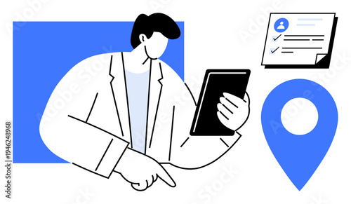 Person holding tablet, checklist document, and location marker. Ideal for management, organization, tasks, workforce, logistics navigation productivity. Simple flat metaphor