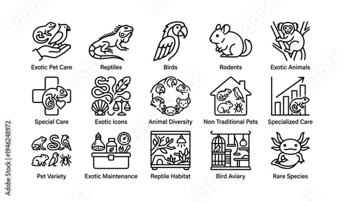 Exotic animals and pets care icons illustrating diversity and specialized maintenance