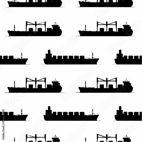 black cargo ship silhouettes seamless pattern design