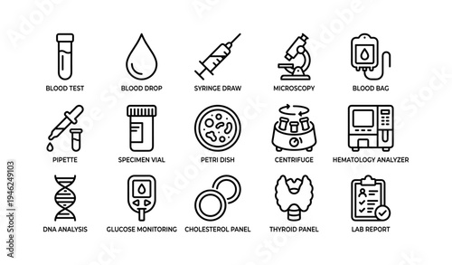 Medical laboratory equipment icons for blood testing and analysis