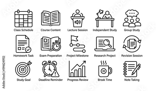 Icons of academic activities: schedule, study, research, goals, breaks