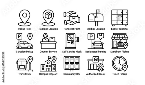 Pickup and delivery icon set featuring locations and services for efficient package management