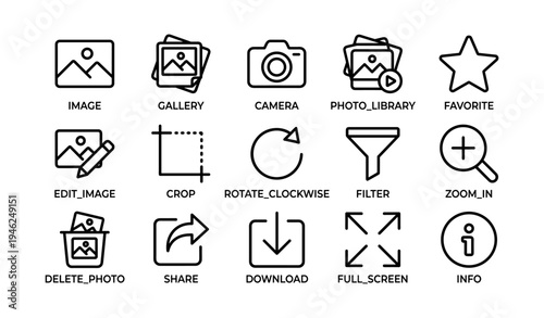 Camera and photo editing icons set for image management and editing