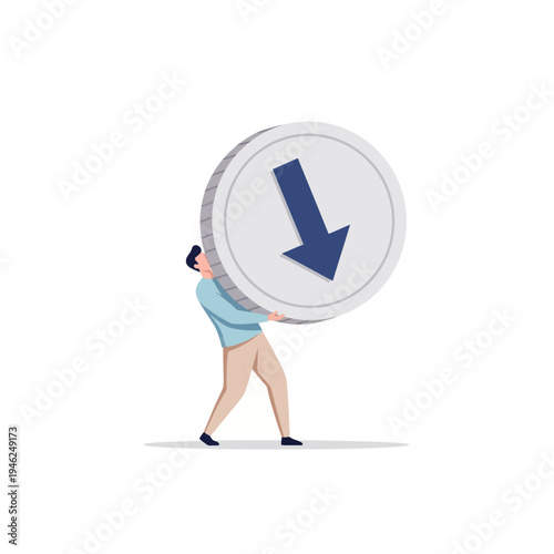 Man carrying large coin with downward arrow symbolizing financial loss, stock market decline