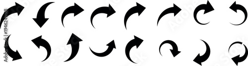 A collection of 16 unique black arrow symbols pointing in various directions on a white background