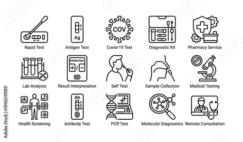 Medical icons set: rapid test, antigen test, covid-19, diagnostic kit, pharmacy service