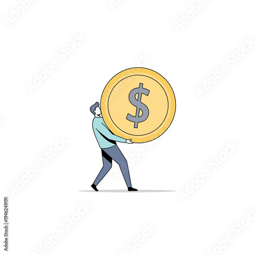Man Carrying Large Gold Dollar Coin on White Background