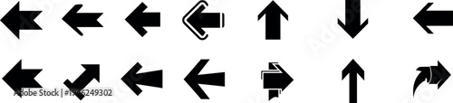 A collection of 12 black arrow icons on a white background pointing in various directions