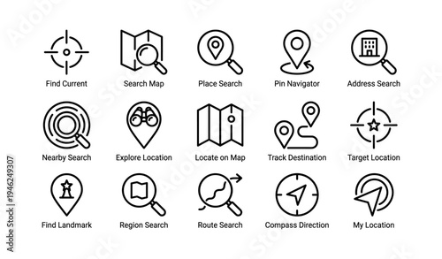 Set of navigation and search icons: map, pin, compass, location, tracking