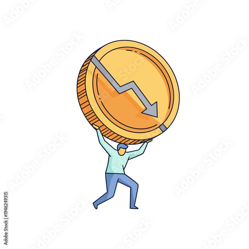 Man holding falling coin with graph arrow down, financial crisis concept