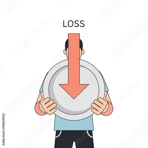 Man holding plate with loss arrow, financial decline, economic crisis concept