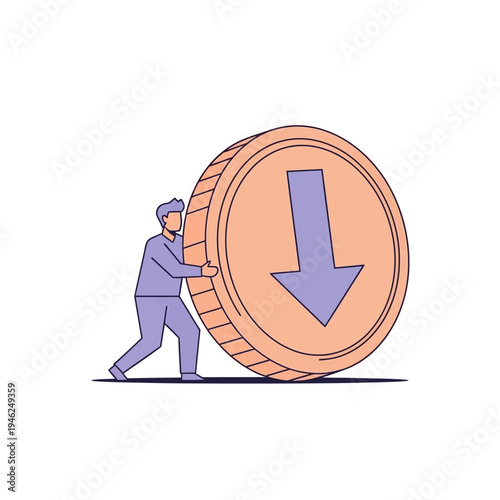 Man Pushing Downward Arrow Coin, Financial Crisis Concept
