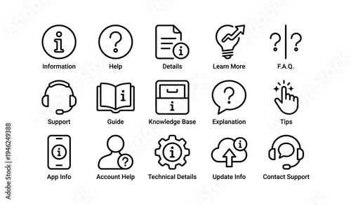 Informational icons set representing help, support, tips, and learning resources