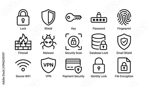 Set of 16 cybersecurity icons: lock, shield, key, and security features