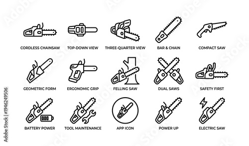 Chainsaw icons set: ergonomic, cordless, compact, electric, safety features and tool maintenance