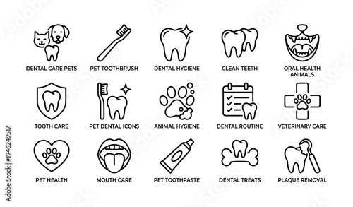 Dental and pet care icons: tooth, toothbrush, animals, hygiene, health symbols
