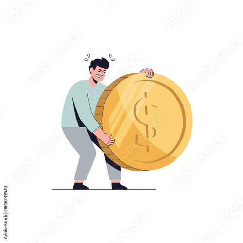 Man struggling with large golden dollar coin, financial burden concept illustration