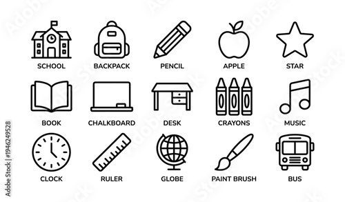 School icons set: backpack, pencil, apple, book, desk, crayons, globe