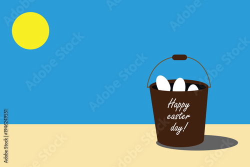 Playful Easter banner featuring a bucket filled with colorful eggs under a sunny spring sky.