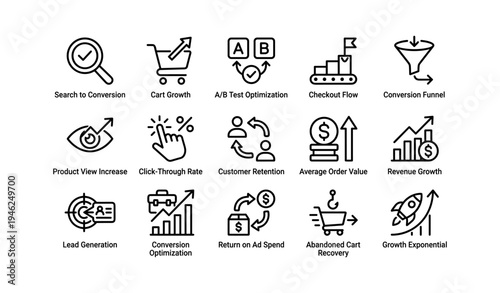 E-commerce metrics and optimization strategies icons set