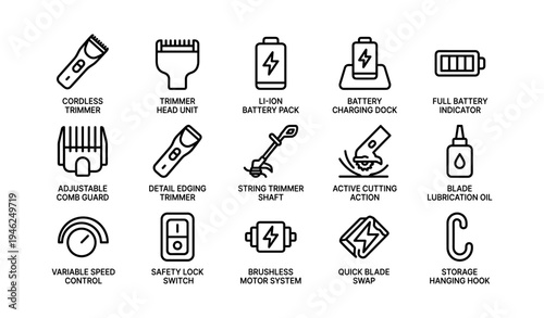 Set of hair trimmer icon designs with essential features and specifications