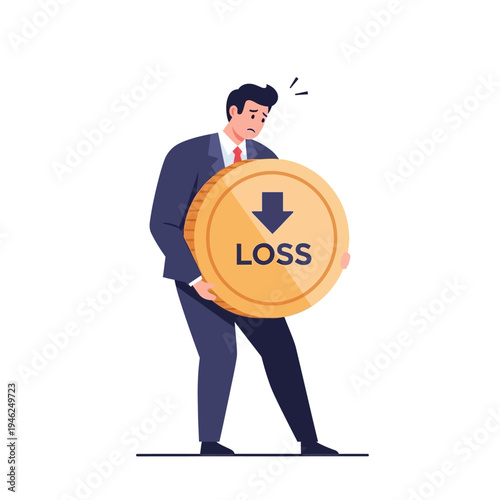 Businessman holding large coin with 'Loss' and down arrow, financial crisis concept