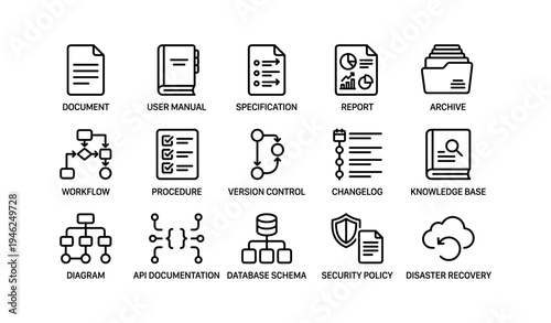 Collection of icons representing document, report, archive, workflow, and more