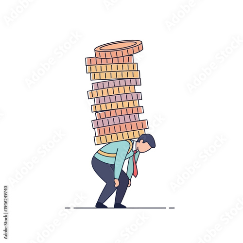 Businessman Carrying Heavy Stack of Coins on Back, Financial Burden Concept
