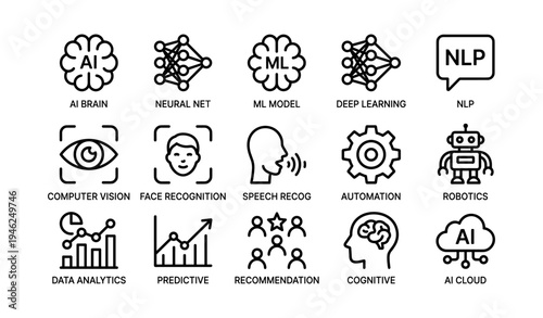 Ai icons set: machine learning, neural networks, robotics, data analytics, speech recognition