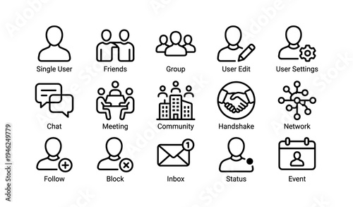 Outline icons set: users, settings, chat, meetings, community, networking