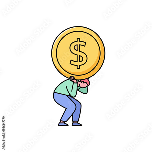 Man Carrying Heavy Gold Dollar Coin Burden, Financial Stress Concept