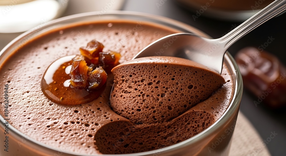 Fototapeta premium A rich chocolate mousse dessert with caramel sauce and nuts being scooped with a spoon from a bowl on a table indoors.