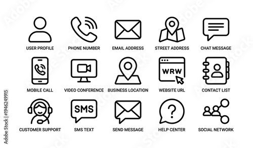 Communication and networking icon set featuring user profile and contact information