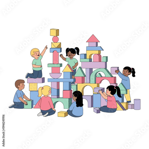 Diverse children building a colorful block tower, education and creativity concept