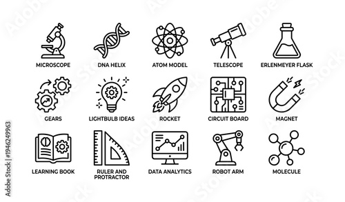 Science and technology icons set featuring telescope, molecule, and circuit board
