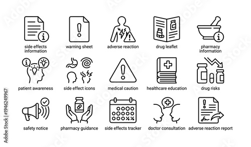 Healthcare icons: medical caution, drug leaflet, patient awareness, side effects, pharmacy guidance