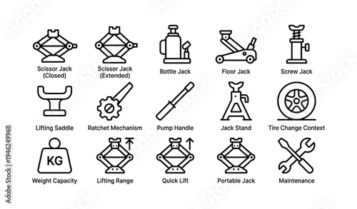Various car jack types and tools for vehicle maintenance illustrated icons