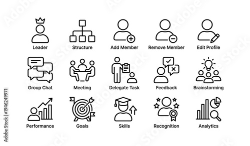Leadership and team management icon set including chat, meeting, and analytics
