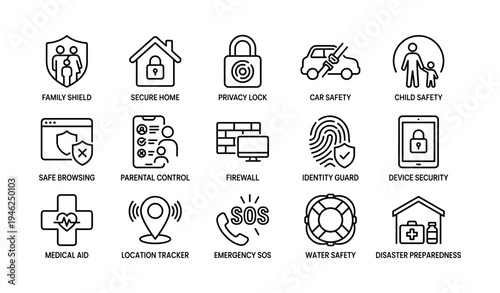 Security and safety icons: family shield, device protection, emergency preparedness