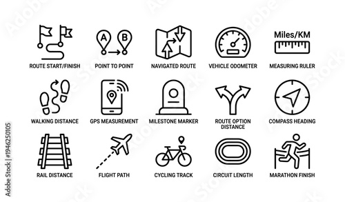 Navigation and measurement icons: routes, gps, distance, cycling, travel