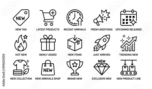 Set of iconic symbols for new arrivals and trends in retail marketing