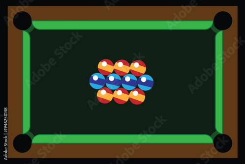 Billiard table illustration with colorful balls ready for play, representing indoor sports and recreation.